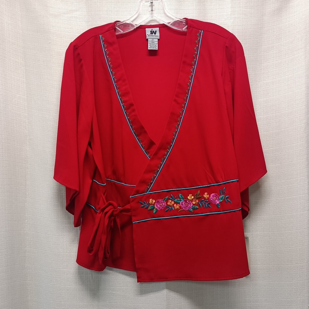 NWT JW Junction West Women's M Red Embroidered Wrap Top Sequin‎ Beaded